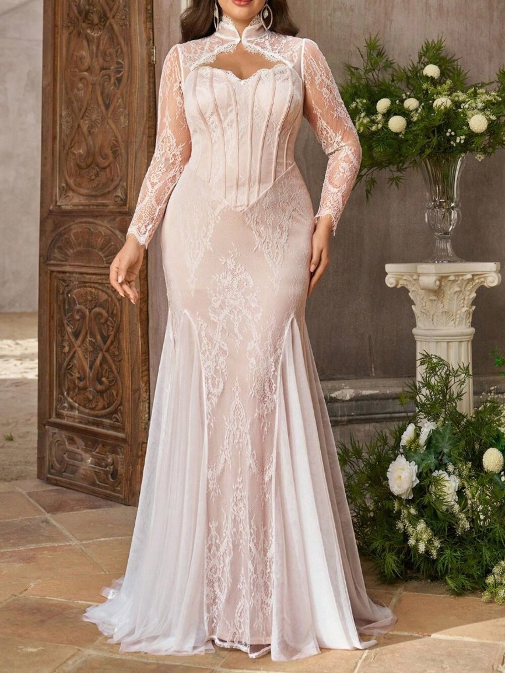 White Preppy Women's Floral Pattern Ruffle Sheer Sleeves Mermaid Wedding Dress